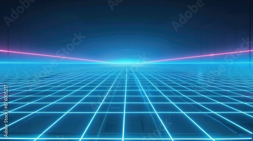 Wallpaper Mural Neon wireframe horizon background The light blue square floor glows Torontodigital.ca