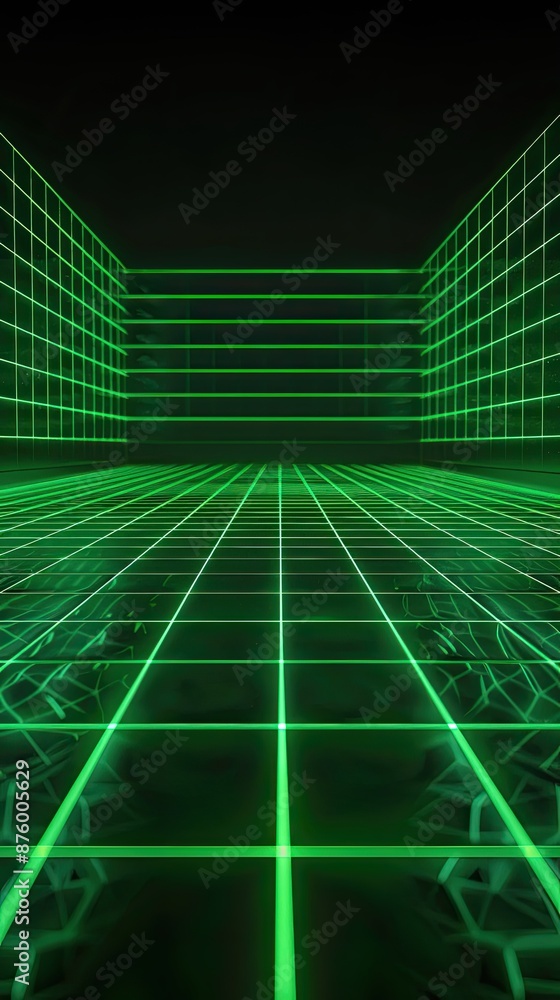 Neon wireframe horizon background The light green square floor glows Neon wireframe horizon background The light green square floor glows