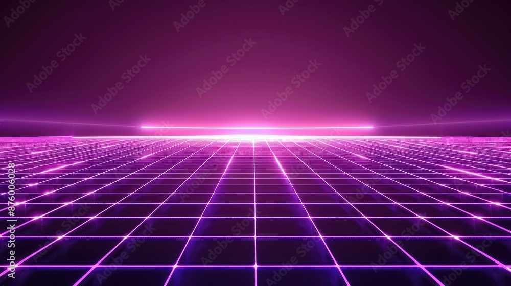 Neon wireframe horizon background The light purple square floor glows Neon wireframe horizon background The light purple square floor glows