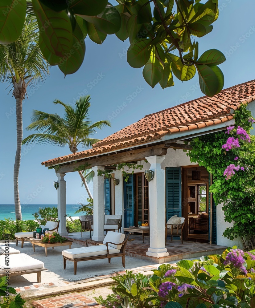 Fototapeta premium Rustic bungalow features white plaster walls, a terracotta-tiled roof, and turquoise shutters
