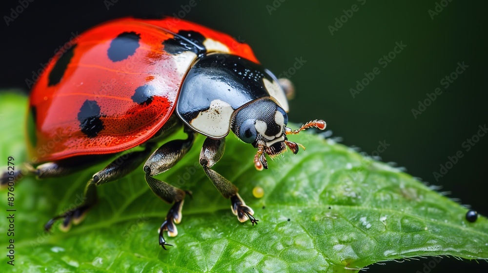 Obraz premium Close-up Macro Shot of a Brightly Colored Ladybug on Green Leaf - Detailed Nature Photography