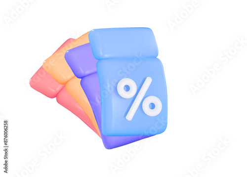 Bright coupons: red, orange, purple and blue. 3D icons can be used to draw attention to discounts, promotions and cashback programs. Bright color icons with a percentage symbol for marketing campaigns