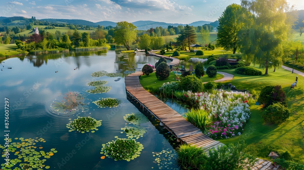 Fototapeta premium Terrace with garden on the shore lake image