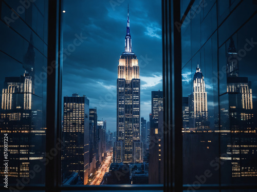 Illustration of evening view of the empire state building from a skyscraper window in new york city