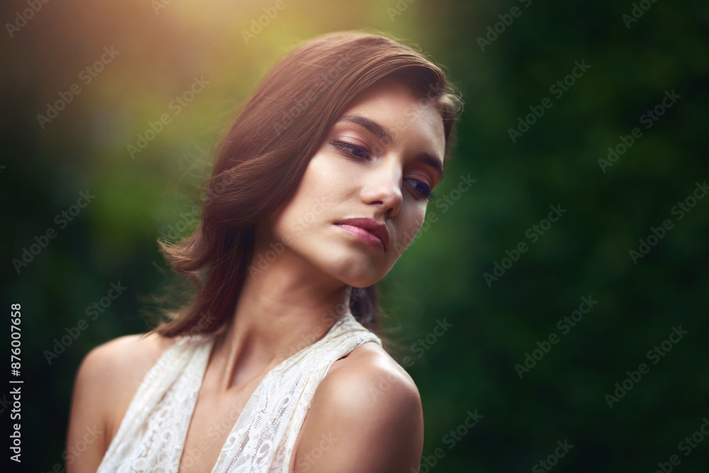 Naklejka premium Woman, thinking and garden with fantasy, fairytale and idea with confidence outdoor. Spring, park and elegant fashion in forest and woods with beauty, natural and sustainable style in nature
