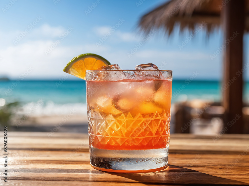 Iced cocktail with lime garnish on wooden table at beachside bar Iced cocktail with lime garnish on wooden table at beachside bar