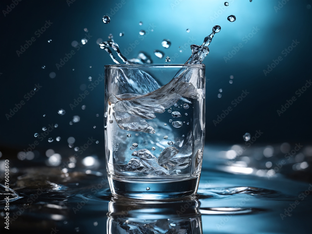 Water splashing in glass on blue background Water splashing in glass on blue background