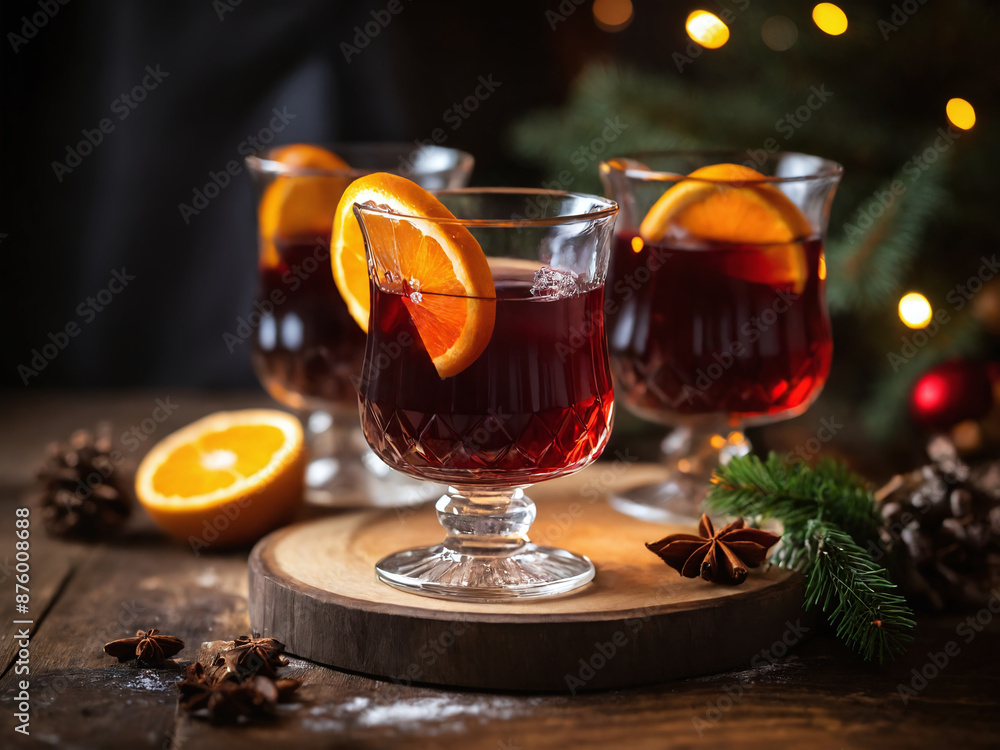 Three glasses of spiced wine with orange slices on wooden tabletop Three glasses of spiced wine with orange slices on wooden tabletop