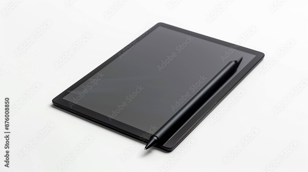 A high-resolution image of a black tablet with a digital pen placed on a white background A high-resolution image of a black tablet with a digital pen placed on a white background