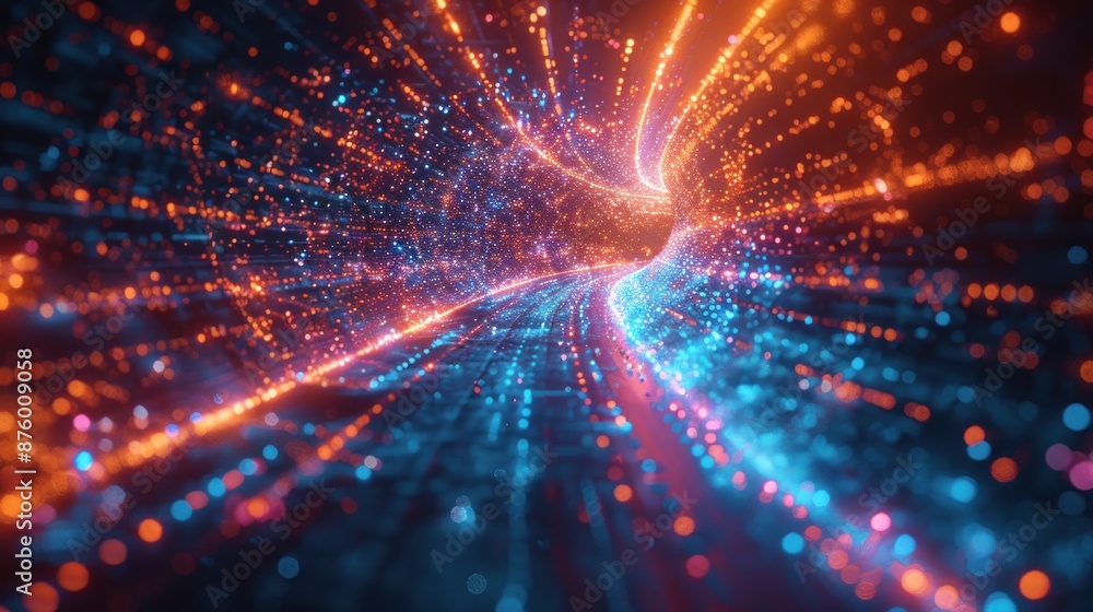 Glowing blue and orange particles form a glowing vortex tunnel Glowing blue and orange particles form a glowing vortex tunnel