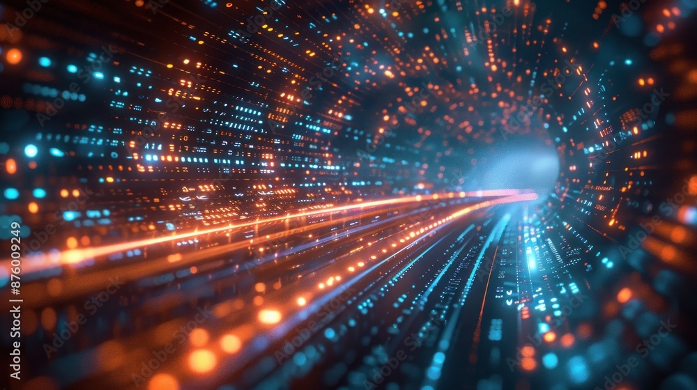 Futuristic digital cyberspace with glowing orange and blue particles forming a tunnel Futuristic digital cyberspace with glowing orange and blue particles forming a tunnel