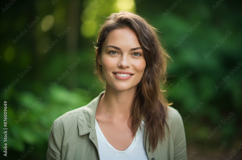 Young woman with wavy hair and a cheerful smile, standing in a lush green environment, dressed casually Young woman with wavy hair and a cheerful smile, standing in a lush green environment, dressed casually