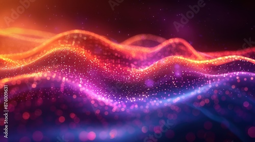 Glowing and colorful digital wave of particles flowing in a dark background