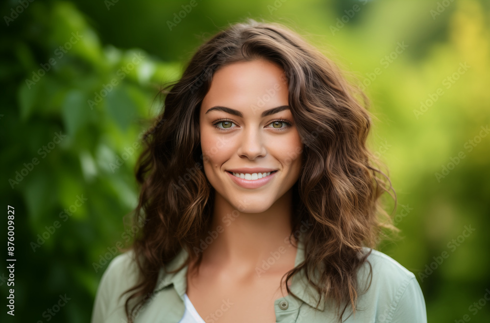 custom made wallpaper toronto digitalYoung woman with curly hair and a bright smile, standing in a natural green setting, dressed casually
