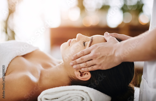 фотографія Head massage, hands and woman in spa for relax, calm and treatment for client on bed