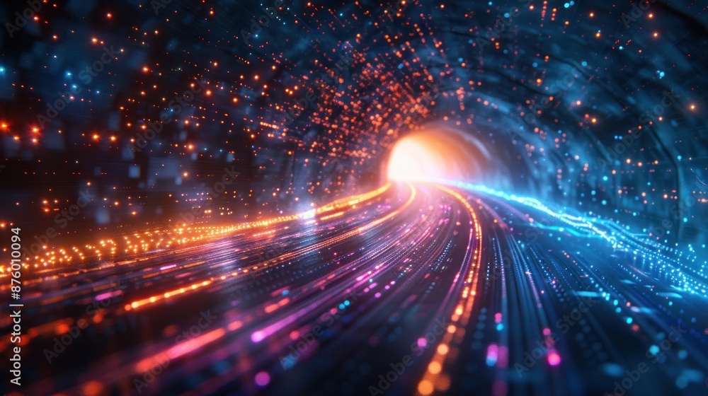 Obraz premium Glowing particles form a tunnel of light in a digital dreamscape.