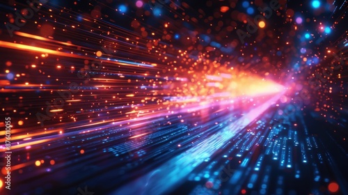 Glowing streaks of orange and blue particles form a digital superhighway of data.