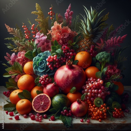 An image of a lush, blooming bunch of fruits arranged together in an aesthetic composition. Pomegranate, oranges, berries.