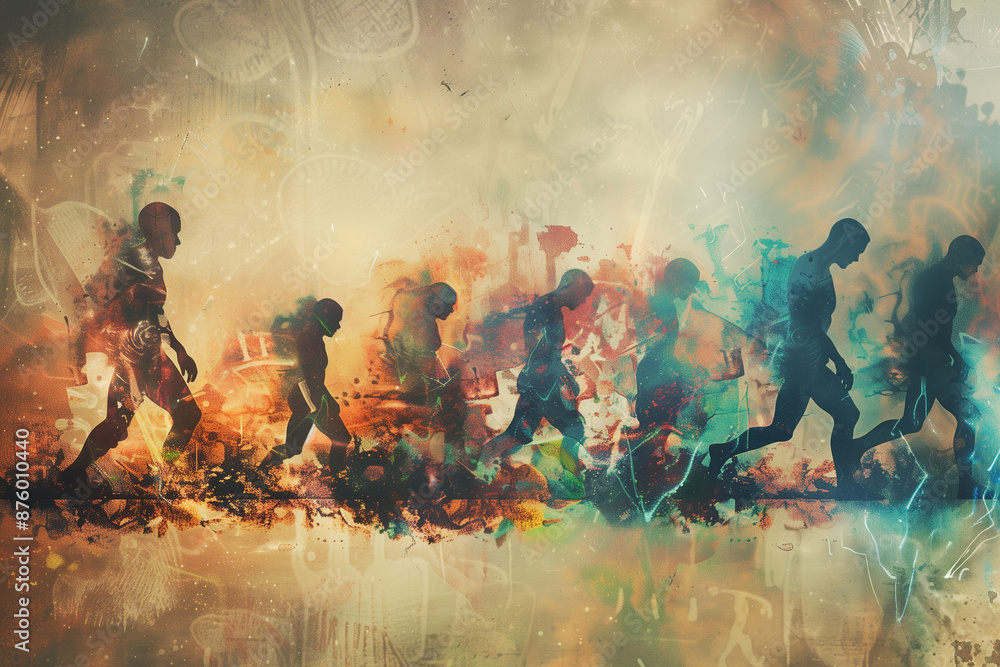 abstract depiction of human evolution in a colorful gradient of progress and transformation, blending artistic elements with digital patterns abstract depiction of human evolution in a colorful gradient of progress and transformation, blending artistic elements with digital patterns