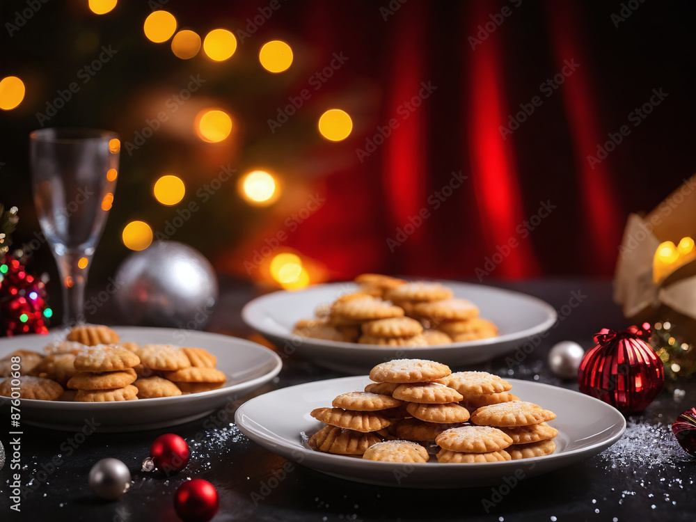 Festive shortbread cookies on a tabletop with christmas decorations Festive shortbread cookies on a tabletop with christmas decorations