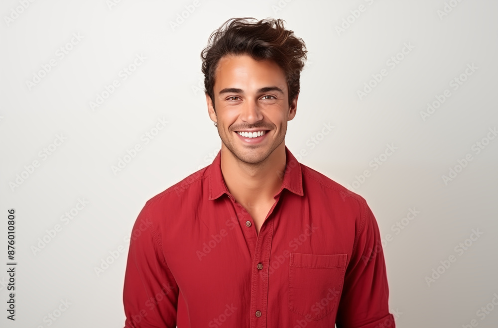 A young man with curly hair and a bright smile, wearing a red shirt, standing in front of a plain white background. A young man with curly hair and a bright smile, wearing a red shirt, standing in front of a plain white background.