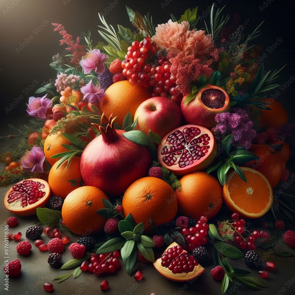 An image of a lush, blooming bunch of fruits arranged together in an aesthetic composition. Pomegranate, oranges, berries. An image of a lush, blooming bunch of fruits arranged together in an aesthetic composition. Pomegranate, oranges, berries.