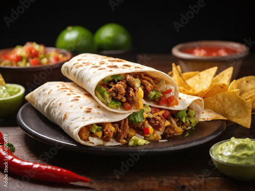 Two delicious mexican burritos with toppings and tortilla chips