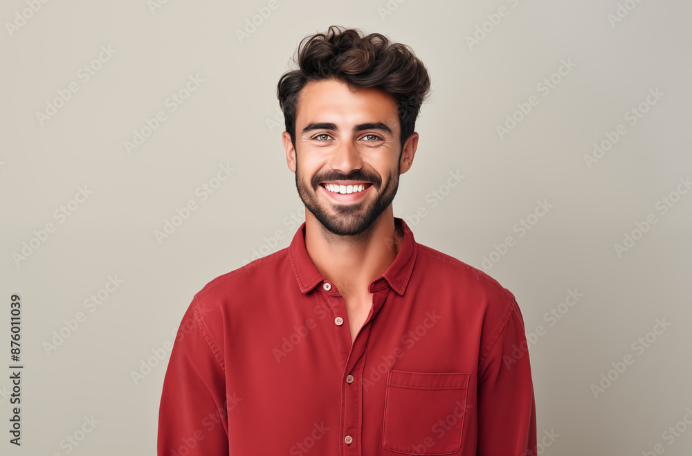 A young man with curly hair and a bright smile, wearing a red shirt, standing against a neutral background A young man with curly hair and a bright smile, wearing a red shirt, standing against a neutral background