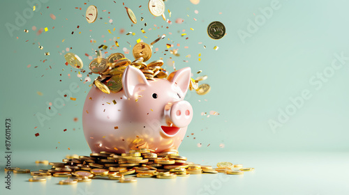 Piggy bank overflowing with coins on a light green background