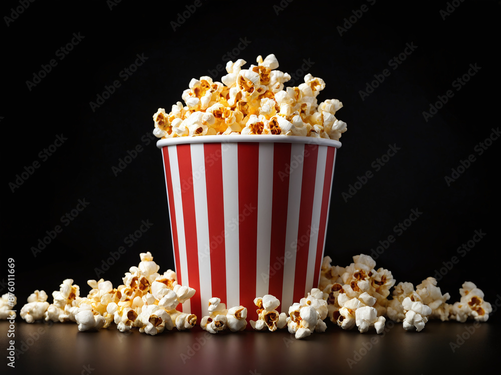Red and white striped popcorn bucket on a black surface Red and white striped popcorn bucket on a black surface