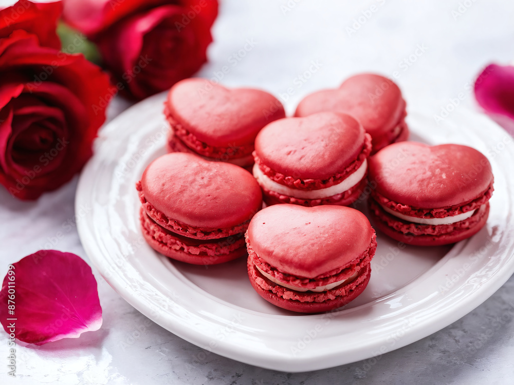 Red heart-shaped macarons on white plate with rose petals Red heart-shaped macarons on white plate with rose petals