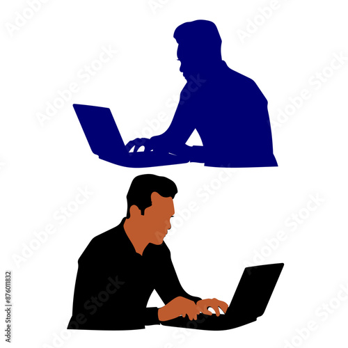 Man, woman silhouette working using laptop, computer for business  vector illustration. Isolated on white background.
