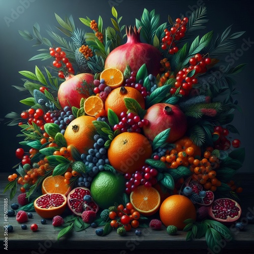 An image of a lush, blooming bunch of fruits arranged together in an aesthetic composition. Pomegranate, oranges, berries.