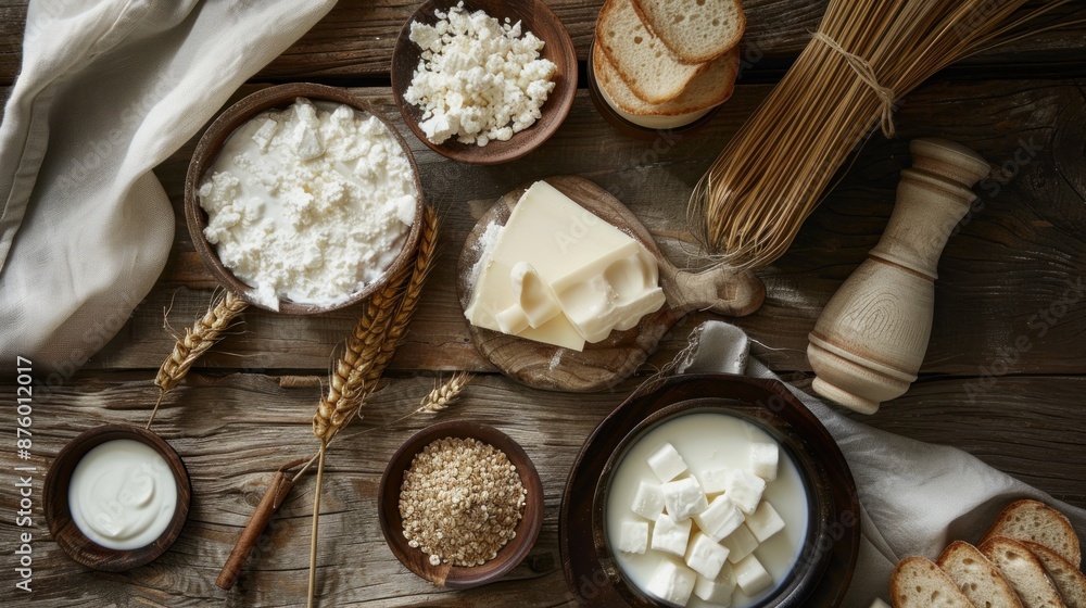 Shavuot, a Jewish holiday, is symbolized by the photo of dairy products on a wooden table. Shavuot, a Jewish holiday, is symbolized by the photo of dairy products on a wooden table.