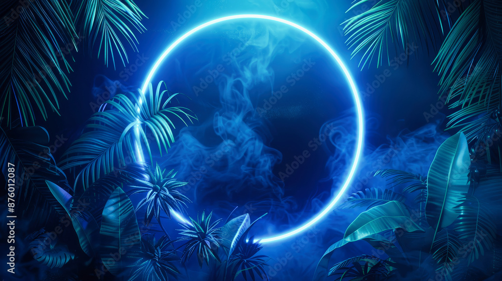 Neon circle light surrounded by tropical leaves Neon circle light surrounded by tropical leaves