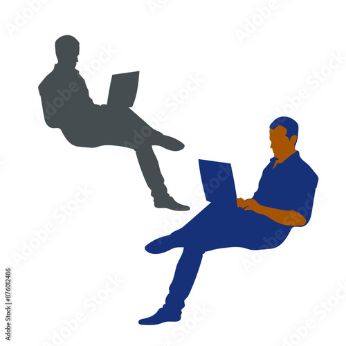 Man, woman silhouette working using laptop, computer for business  vector illustration. Isolated on white background.