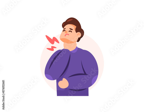 illustration of a man holding his neck because of pain and heat. A sore throat. sore throat, infection, inflammation. pain when swallowing. health problems. flat style character design. graphic