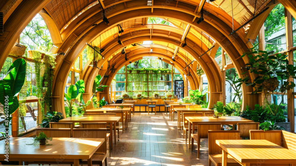 Obraz premium A bamboo restaurant with arched wooden structures