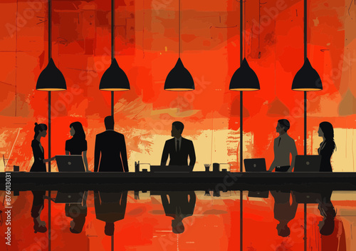Minimalistic Vector Illustration of Business Team Meeting at Conference Table in Office with Red Background, Collaborative Work Environment, Evening Setting
