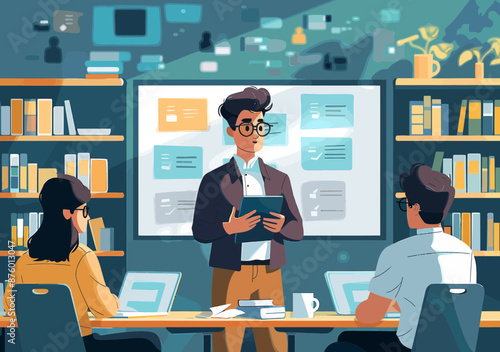 Business Team Listening to Male Leader Presenting in Modern Office During Daytime, Team Meeting, Education and Training, Professional Development