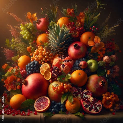 An image of a lush, blooming bunch of fruits arranged together in an aesthetic composition. Pomegranate, oranges, berries.