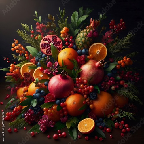 An image of a lush, blooming bunch of fruits arranged together in an aesthetic composition. Pomegranate, oranges, berries.