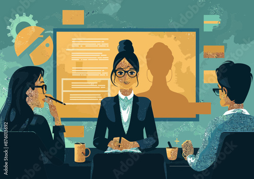 Business Team in Strategy Meeting with Female Leader Presenting, Office Setting, Professional Atmosphere, Collaborative Learning and Education Illustration, Concept for Leadership and Team Building
