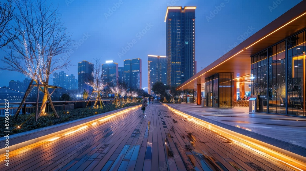 Illuminated Walkway in Modern Cityscape Illuminated Walkway in Modern Cityscape