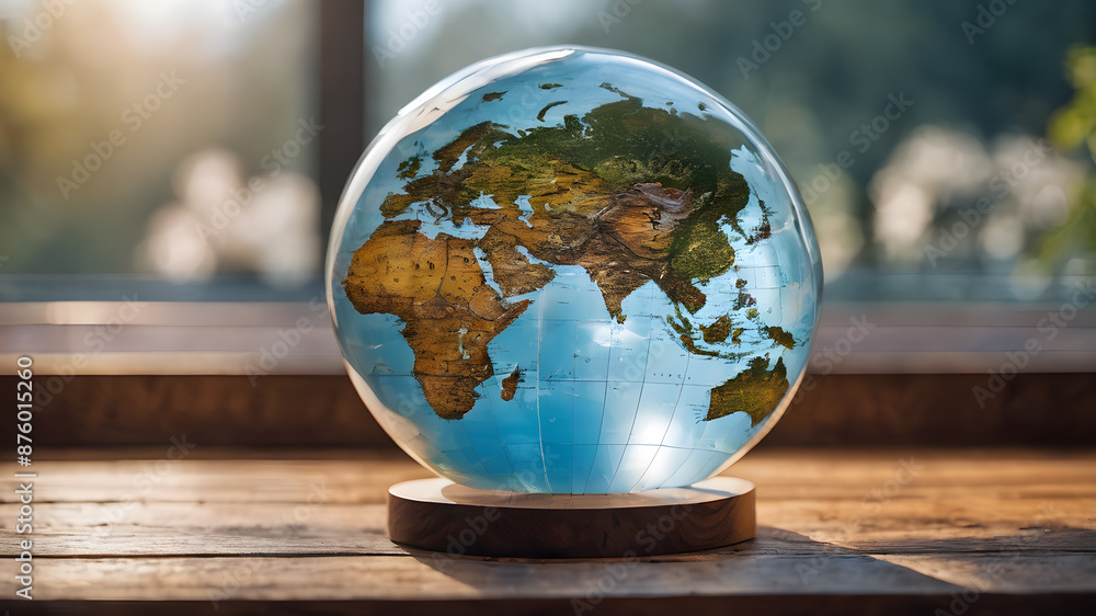 Crystal glass globe in the in nature concept for environment and conservation. . Earth crystal glass globe ball. AI generated image, ai Crystal glass globe in the in nature concept for environment and conservation. . Earth crystal glass globe ball. AI generated image, ai