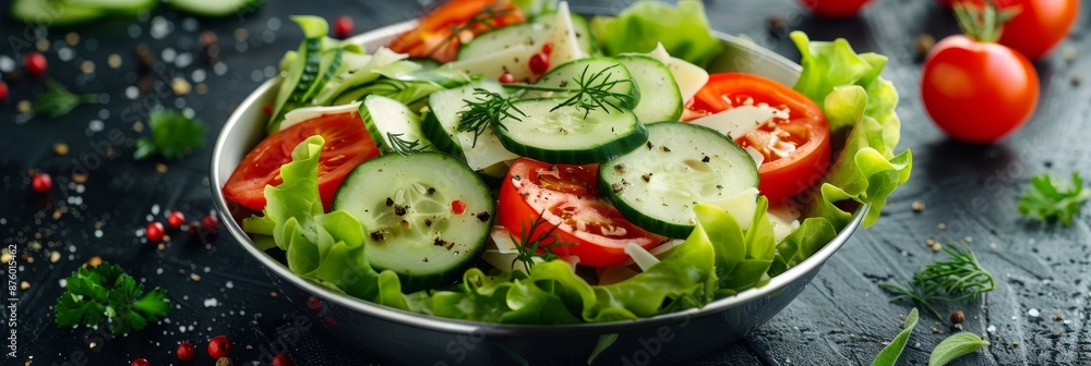 Cheese Vegetables Salad, Sliced Tomatoes, Cucumbers, Lettuce Leaves, Dry Aromatic Herbs Cheese Vegetables Salad, Sliced Tomatoes, Cucumbers, Lettuce Leaves, Dry Aromatic Herbs