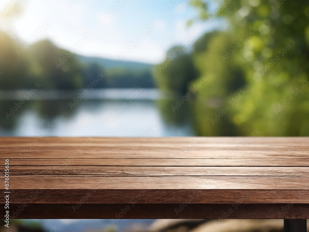 Wooden tabletop against a blurred background of a lake and lush greenery Wooden tabletop against a blurred background of a lake and lush greenery