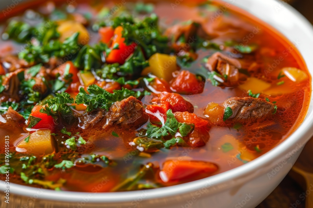 Red Tomato Soup with Beef, Greens and Vegetables, Rich Hot Veal Meat Broth with Tomatoes, Potatoes Red Tomato Soup with Beef, Greens and Vegetables, Rich Hot Veal Meat Broth with Tomatoes, Potatoes