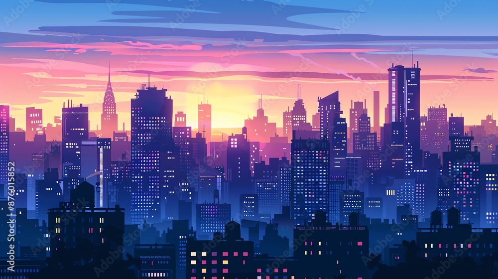 Fototapeta premium A cartoon-style illustration of a city skyline at sunset.