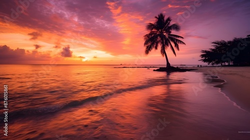 Panoramic view of a beautiful sunset over a tropical beach.